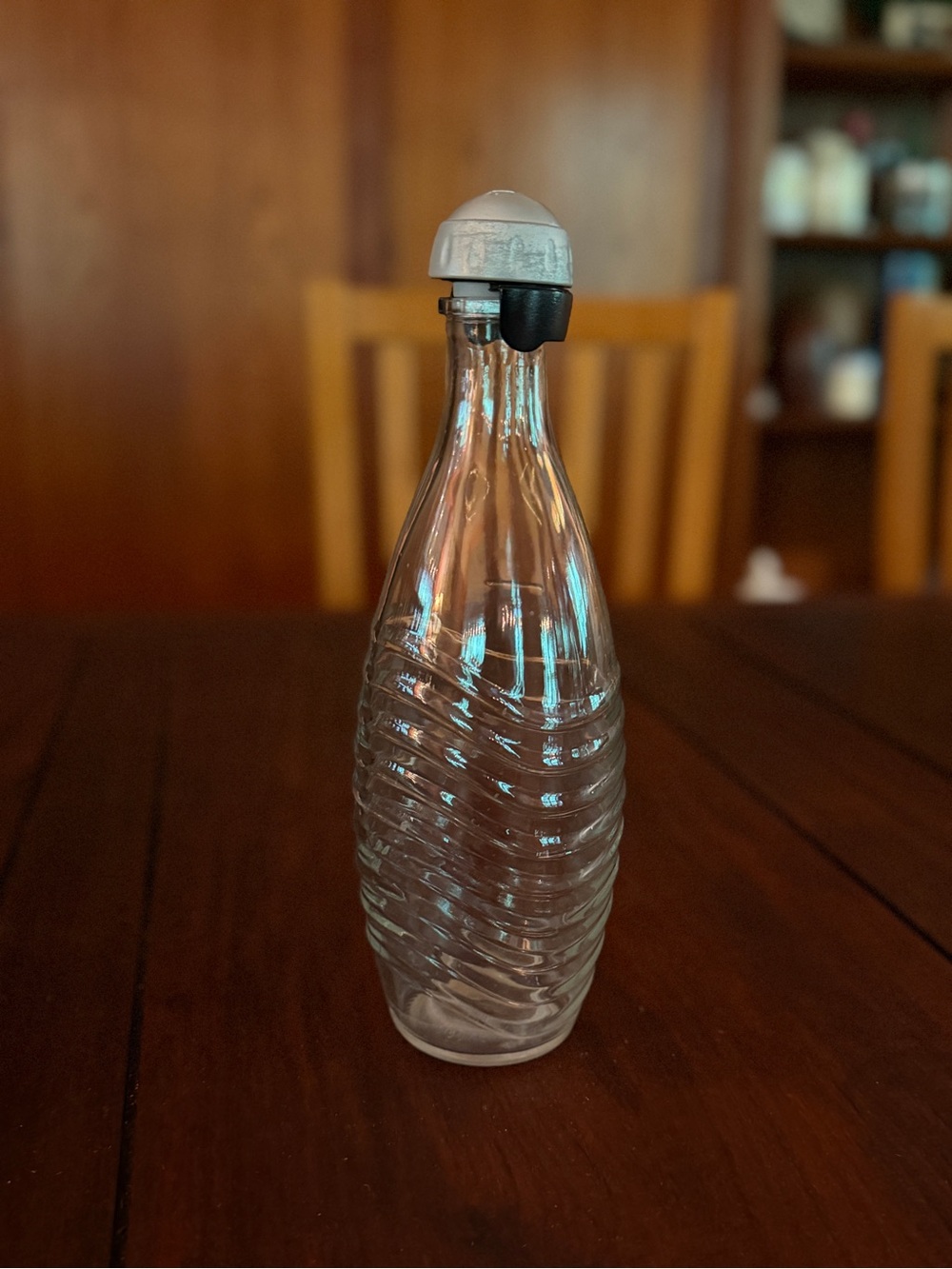 Clear Sodastream Glass Bottle with Silver Top and Black Top